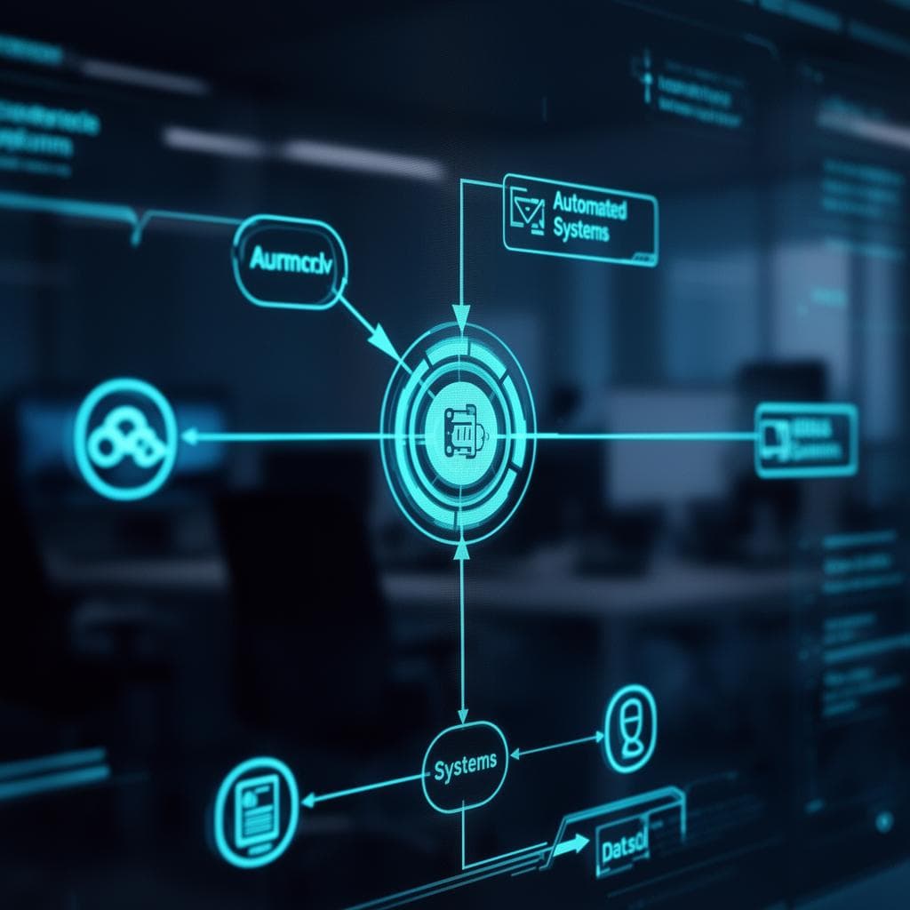 Interface digital exibindo fluxo de dados automatizado entre sistemas em uma tela escura com iluminação azul