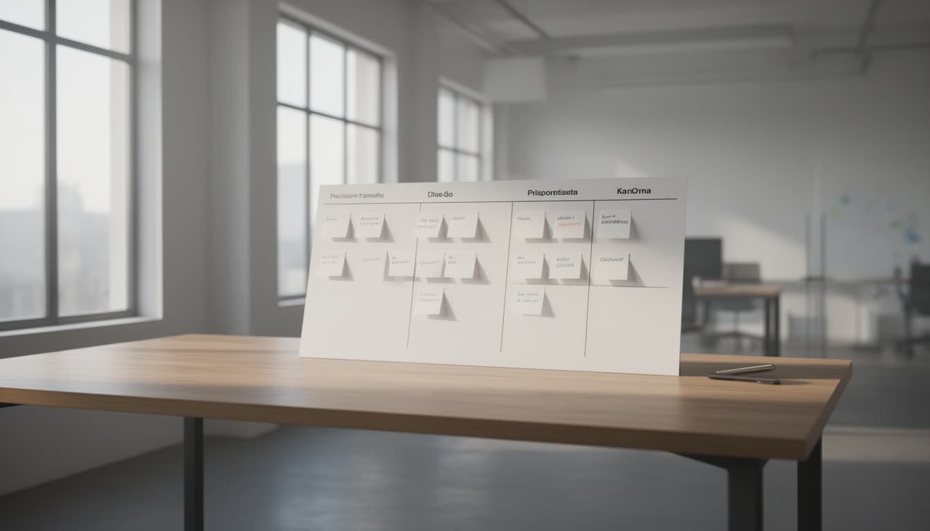 Quadro Kanban físico organizado sobre uma mesa de escritório moderna, iluminado por luz natural suave, simbolizando o planejamento e a ordem no início de um projeto de tecnologia.