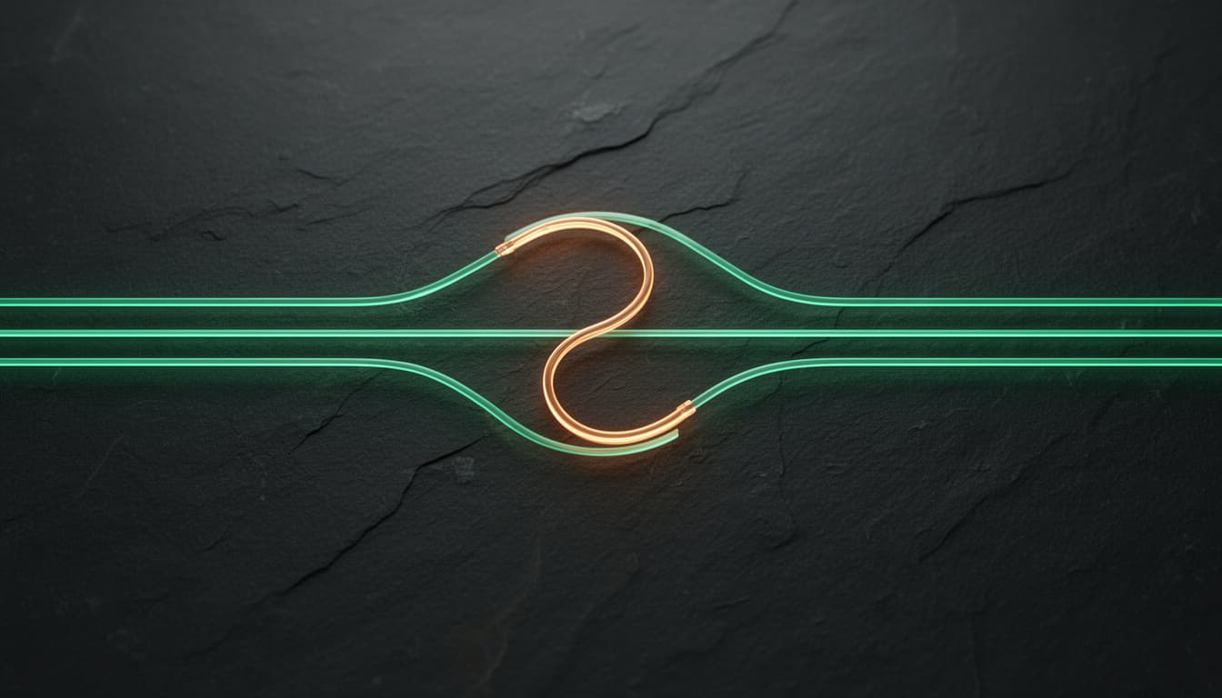 Fluxo de dados iluminado em verde com uma linha âmbar desviando, representando o tratamento de exceções em um processo automatizado.