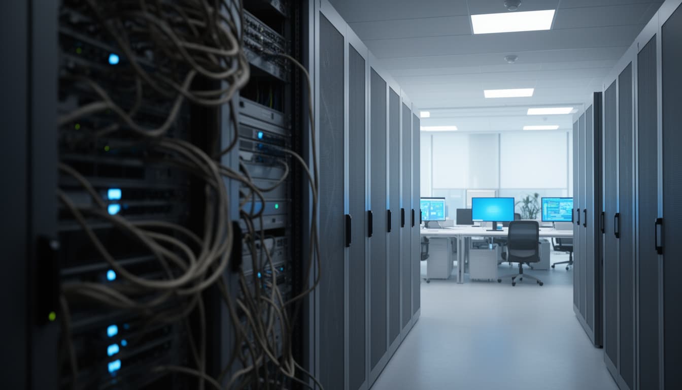 Corredor de servidor moderno com racks legados em primeiro plano desfocados e escritórios iluminados ao fundo, simbolizando a transição tecnológica.