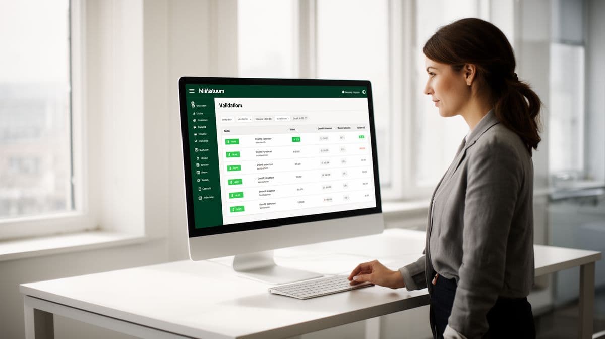 Profissional de operações analisando um dashboard de validação de dados em um escritório moderno com iluminação natural